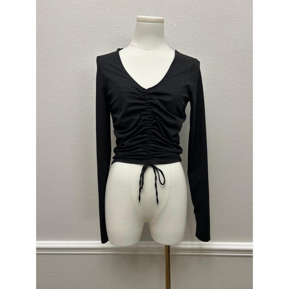 NWT PINK Victoria's Secret Black Ruched Drawstring Front Long Sleeve Crop Top M